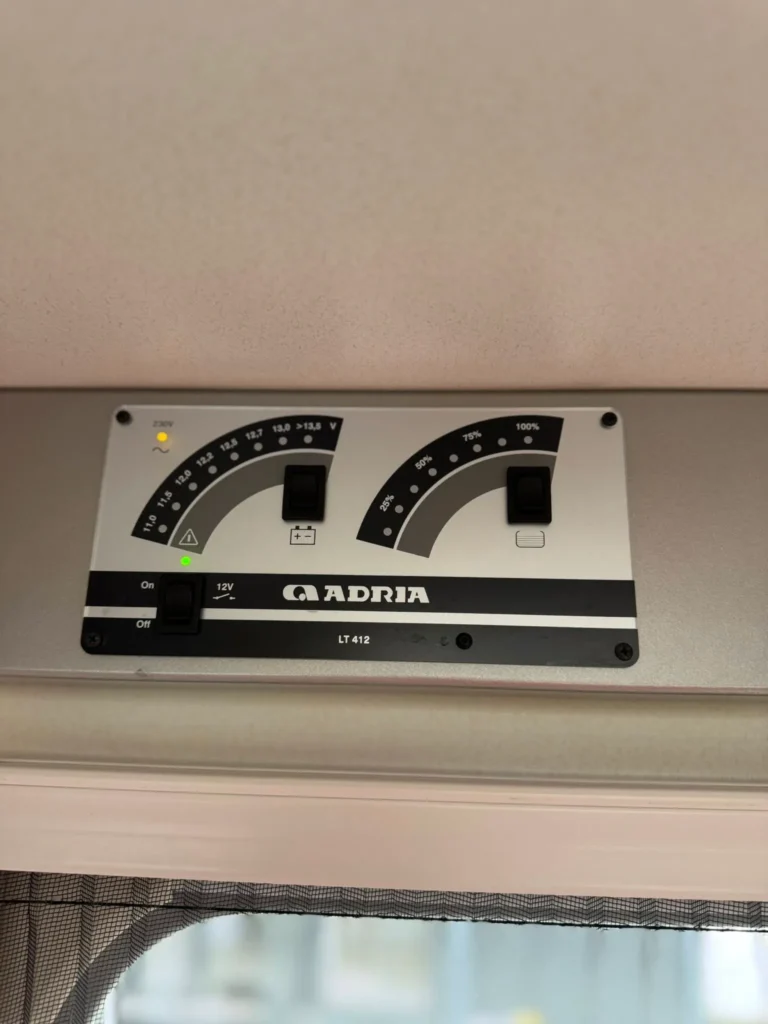Panel pro ovládání elektriky v karavanu Adria LT 412. Sledujte napětí a nabití baterie.