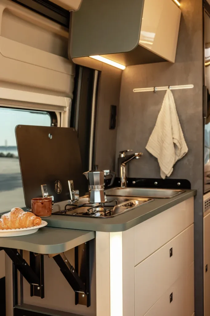 Obrázek interiéru obytného auta s kuchyňskou linkou, sporákem a stylovými doplňky. Ideální pro kempování a cestování.