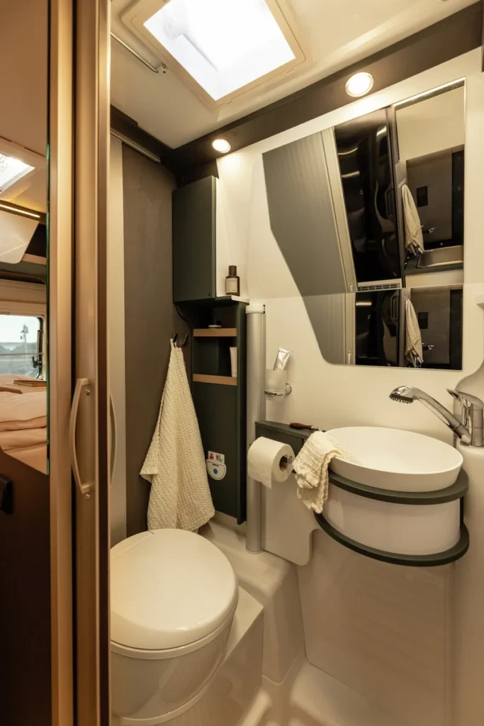 Obrázek zobrazuje elegantní koupelnu obytného auta, vybavenou umyvadlem a toaletou.