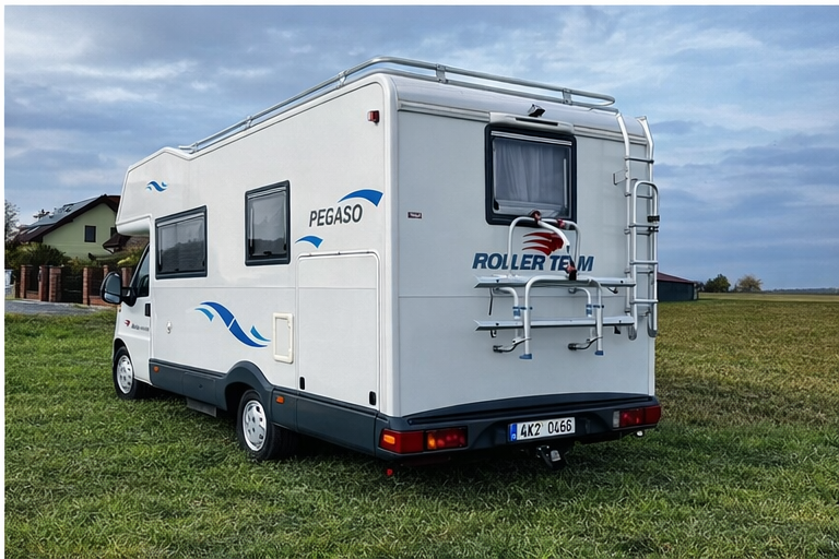 Obytné auto Roller Team Pegaso na trávě, ideální pro dobrodružství a cestování.