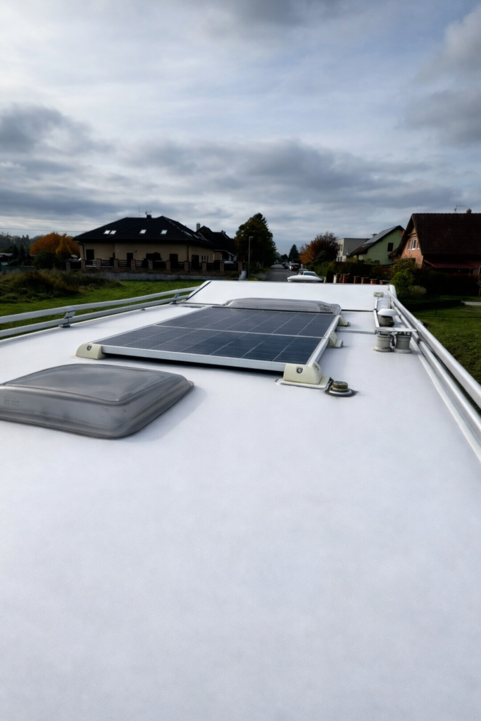 Obrázek zobrazuje střechu obytného auta s solárním panelem a střešními okny. Ideální pro kempování!